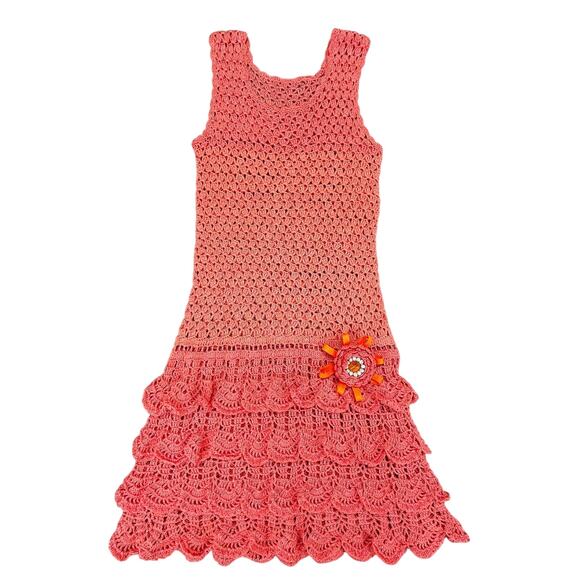 Handmade Other - Handmade Crochet Ruffle Dress Girls Size 6 (30" Length) Pink Coral Sleeveless